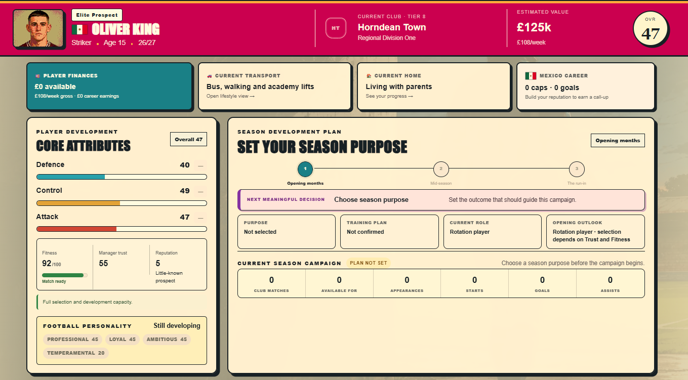 Player dashboard showing attributes, club, finances and season development