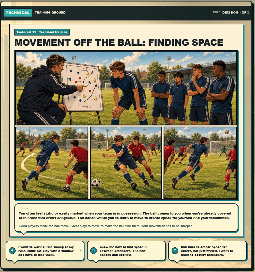 Technical training event about movement off the ball with illustrated choices