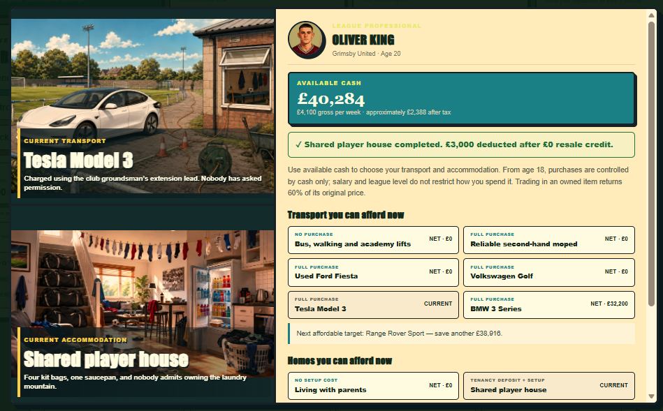Transport and accommodation choices for a professional player